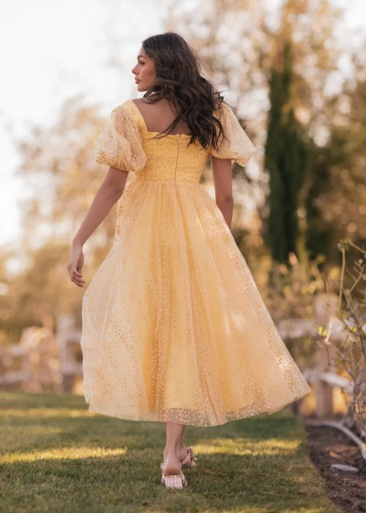 Everbloom Puff Sleeve Midi Dress in Yellow