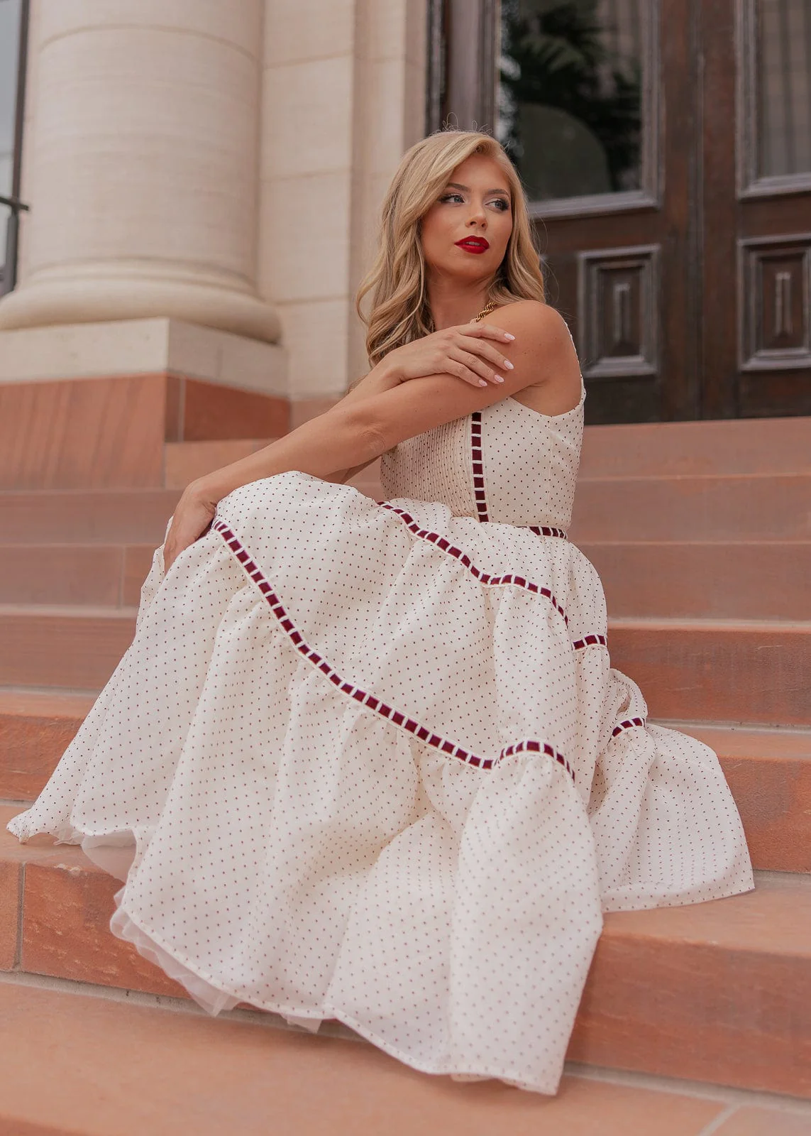 Monroe Midi Polkadot Trim Dress - Cream