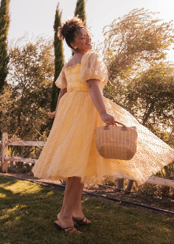 Everbloom Puff Sleeve Midi Dress in Yellow