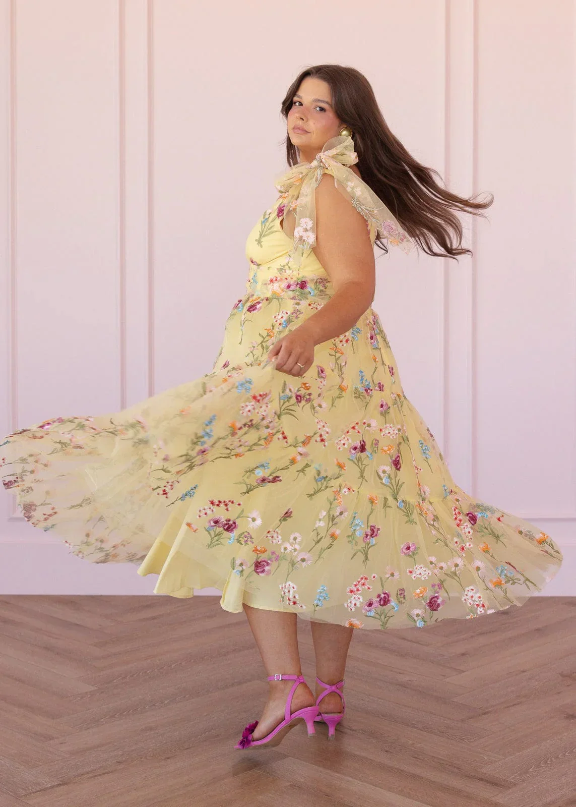 Margaret Floral Embroidered Midi Dress Yellow