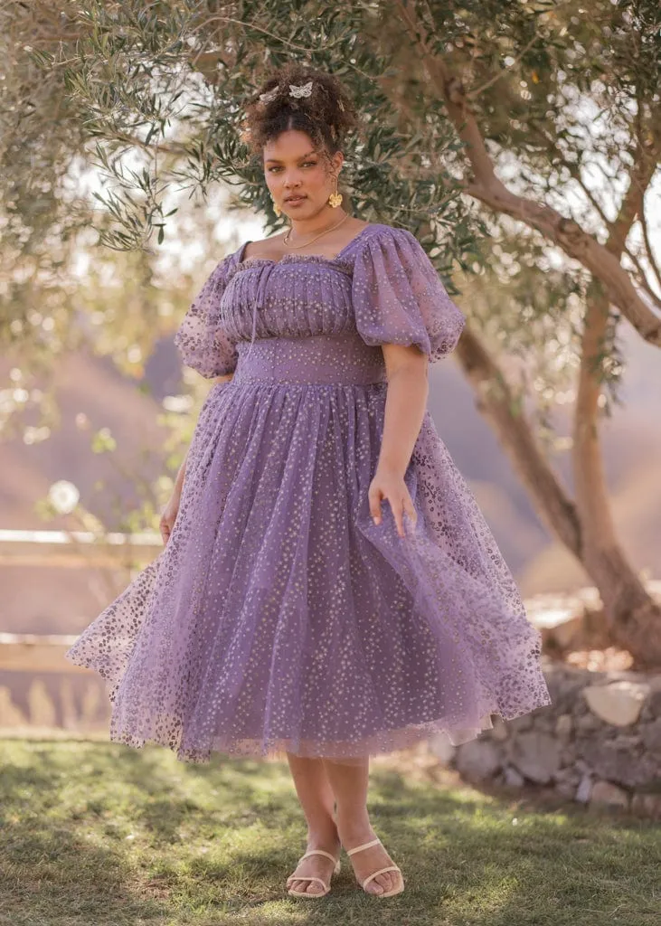 Everbloom Puff Sleeve Midi Dress in Purple