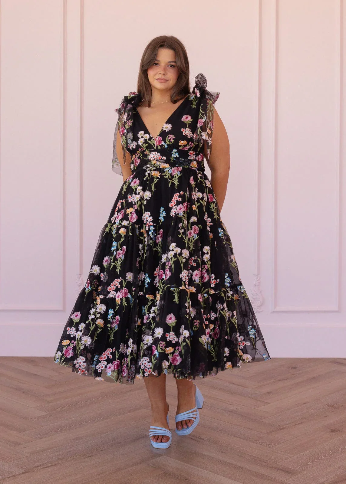 Margaret Floral Embroidered Midi Dress Black