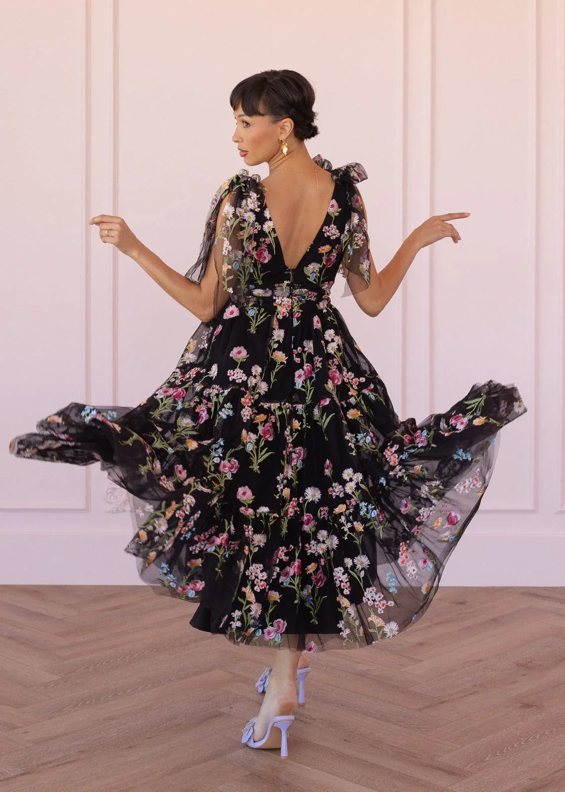 Margaret Floral Embroidered Midi Dress Black