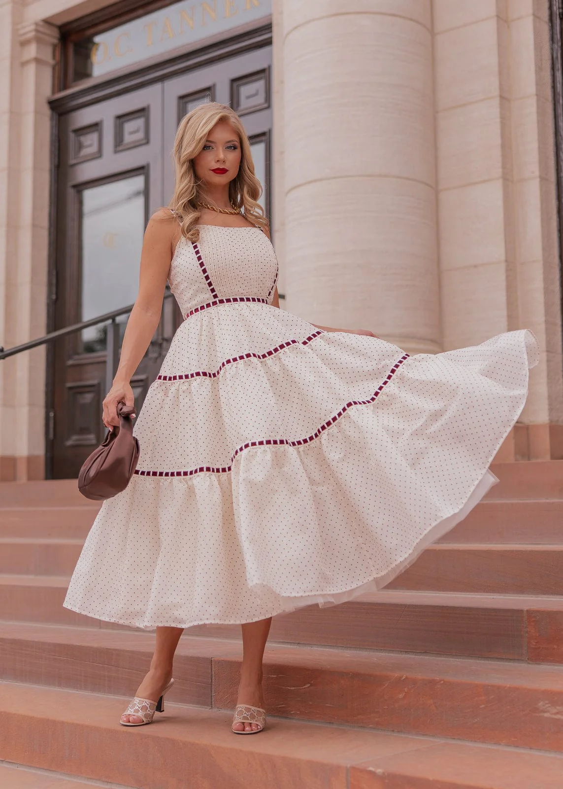 Monroe Midi Polkadot Trim Dress - Cream