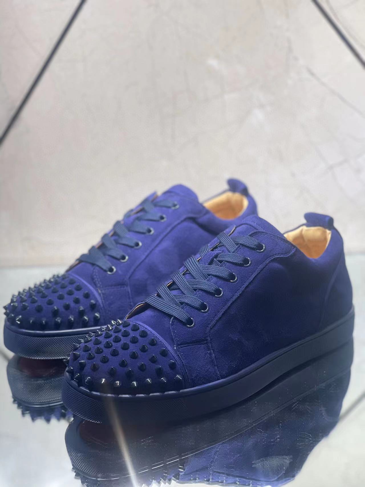 Christian Louboutin Louis Junior Spikes Flat Suede Sneakers Blue