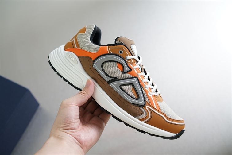 DIOR B30 SNEAKER CREAM MESH WITH ORANGE AND BROWN TECHNICAL FABRIC – DO072