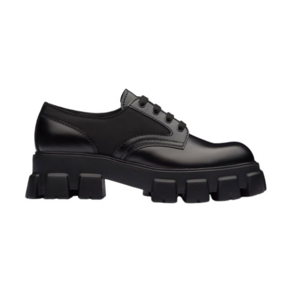 PRADA MONOLITH BRUSHED LEATHER AND NYLON LACE-UP SHOES – PRS068
