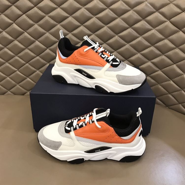 DIOR B22 SNEAKERS BLACK AND WHITE TECHNICAL MESH WITH ORANGE AND WHITE SMOOTH CALFSKIN – DO003