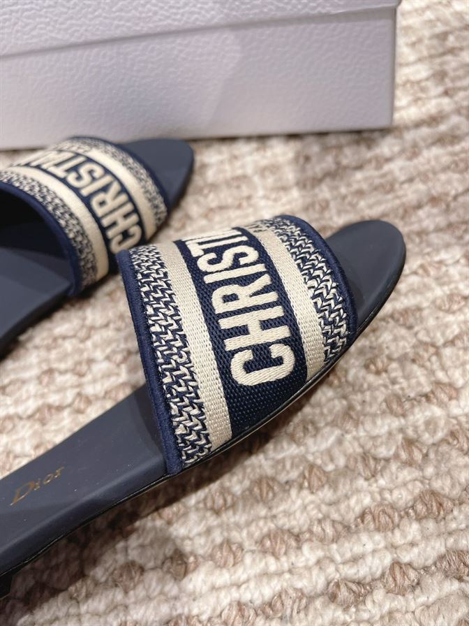 DIOR DWAY SLIDE DEEP BLUE EMBROIDERED COTTON – DS020