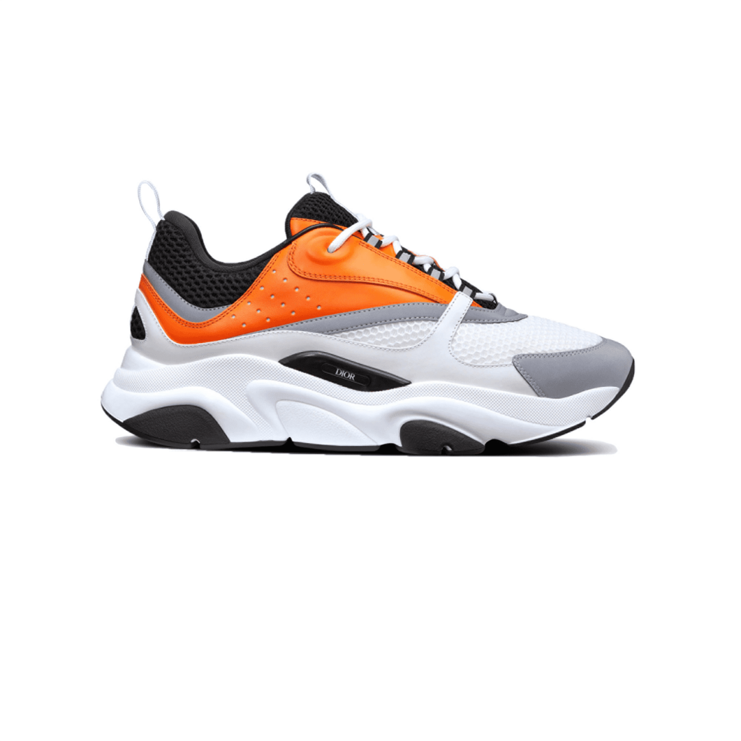 DIOR B22 SNEAKERS BLACK AND WHITE TECHNICAL MESH WITH ORANGE AND WHITE SMOOTH CALFSKIN – DO003