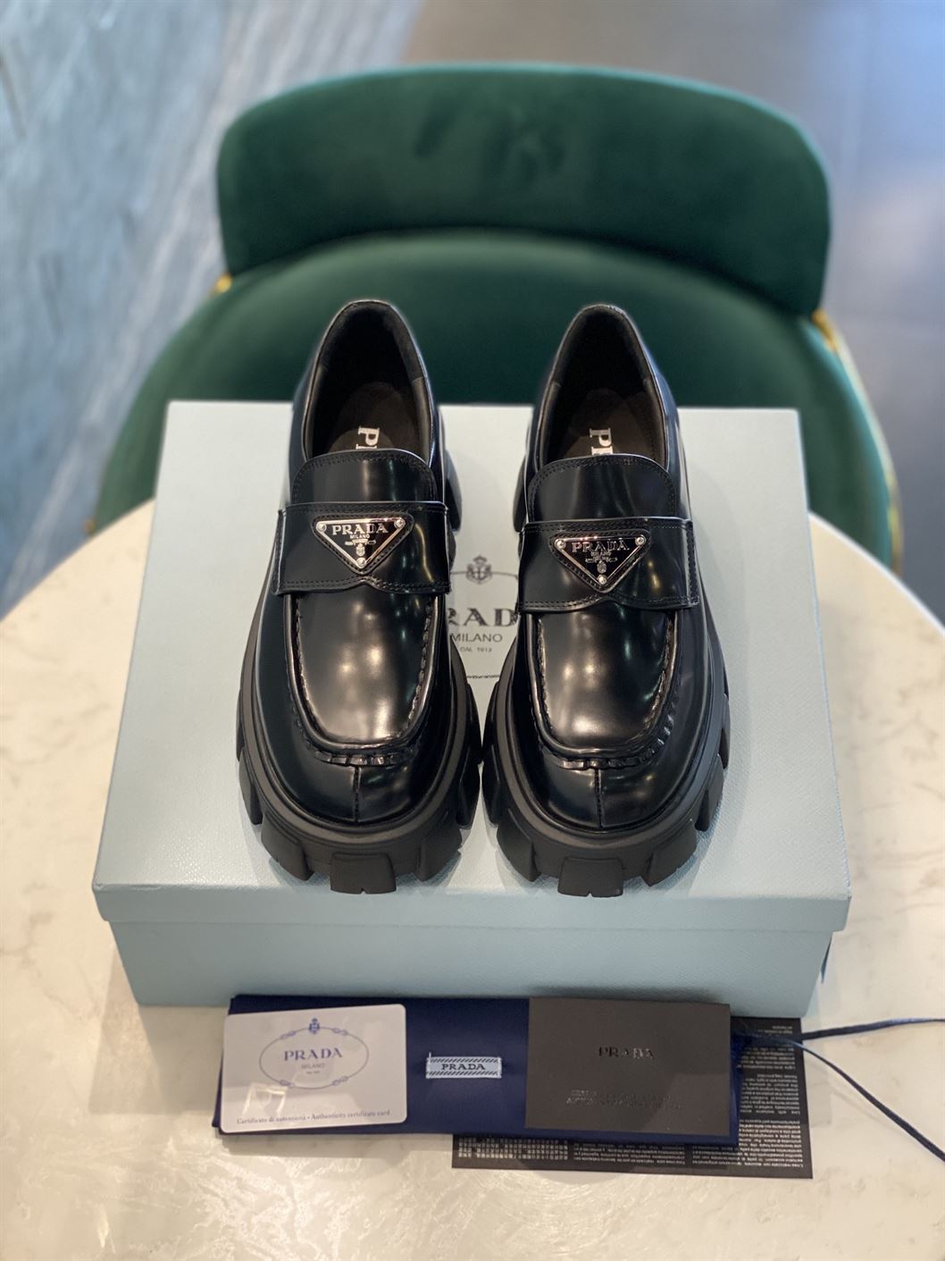 PRADA MONOLITH BRUSHED LEATHER LOAFERS – PRS034