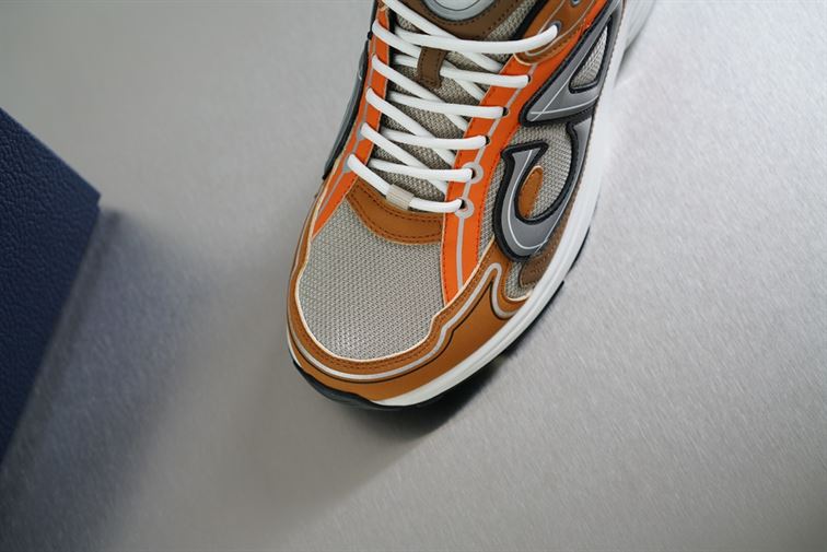 DIOR B30 SNEAKER CREAM MESH WITH ORANGE AND BROWN TECHNICAL FABRIC – DO072
