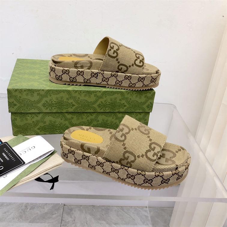 GUCCI ANGELINA LOGO-JACQUARD COATED-CANVAS PLATFORM SLIDES – GSL023