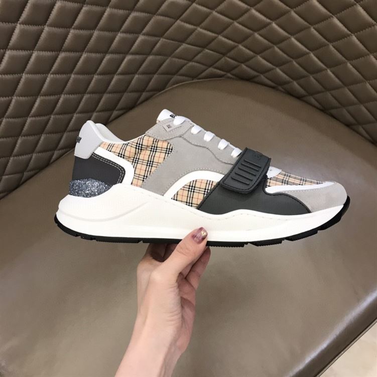BURBERRY CHECK, SUEDE AND LEATHER SNEAKERS – BBR010