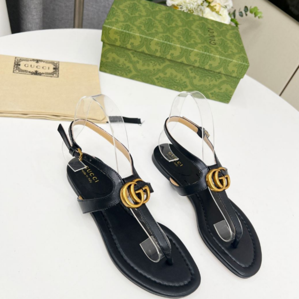 GUCCI WOMEN’S DOUBLE G THONG SANDAL BLACK LEATHER – GSL021
