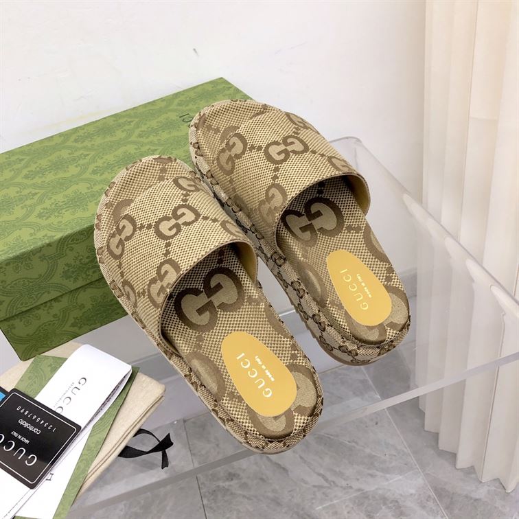 GUCCI ANGELINA LOGO-JACQUARD COATED-CANVAS PLATFORM SLIDES – GSL023
