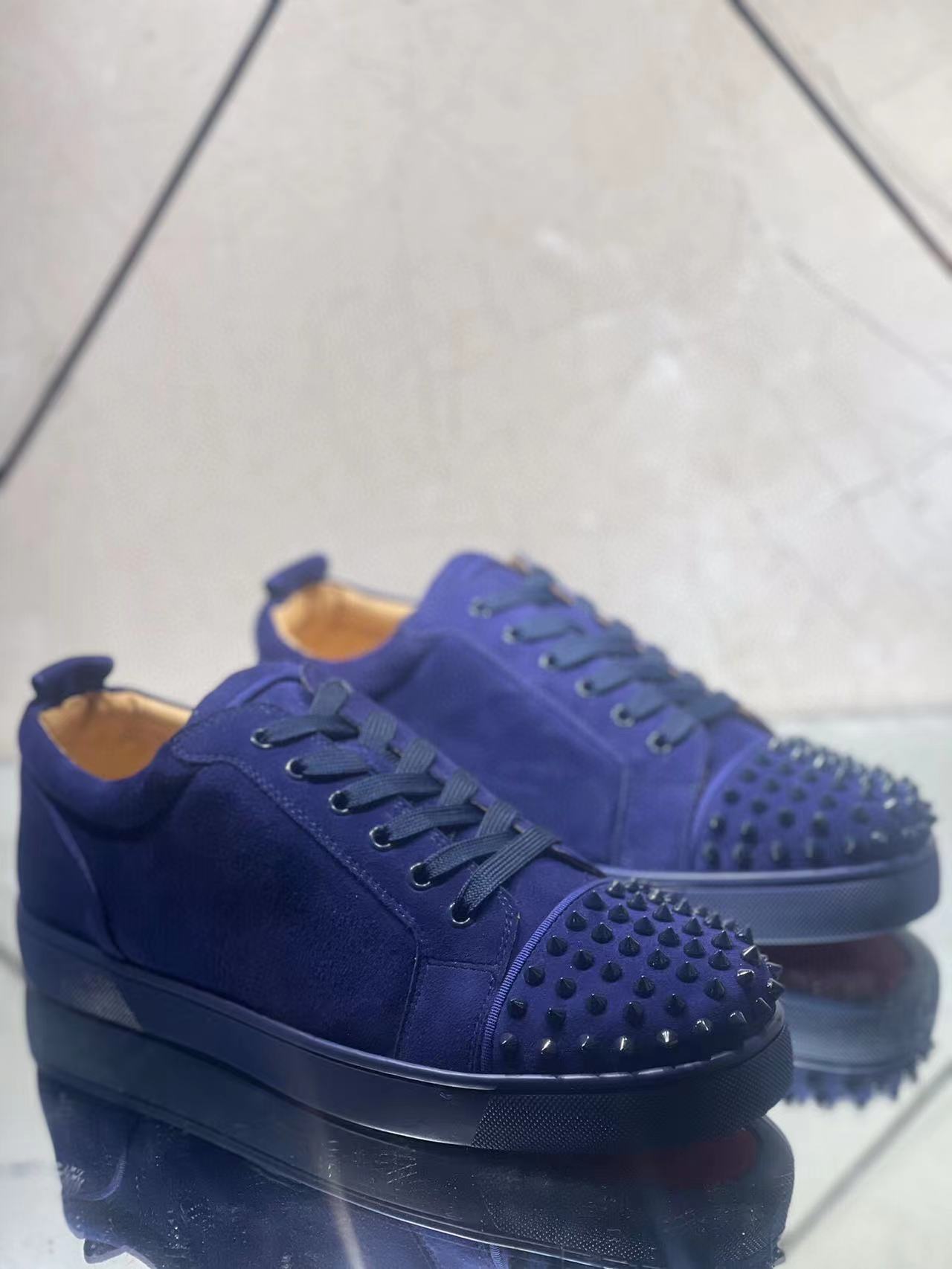 Christian Louboutin Louis Junior Spikes Flat Suede Sneakers Blue