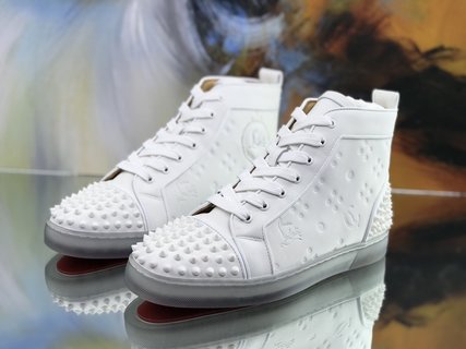 Christian Louboutin White Embossed “LoubinTheSky” Leather Lou Spikes 2 High-Top Sneakers