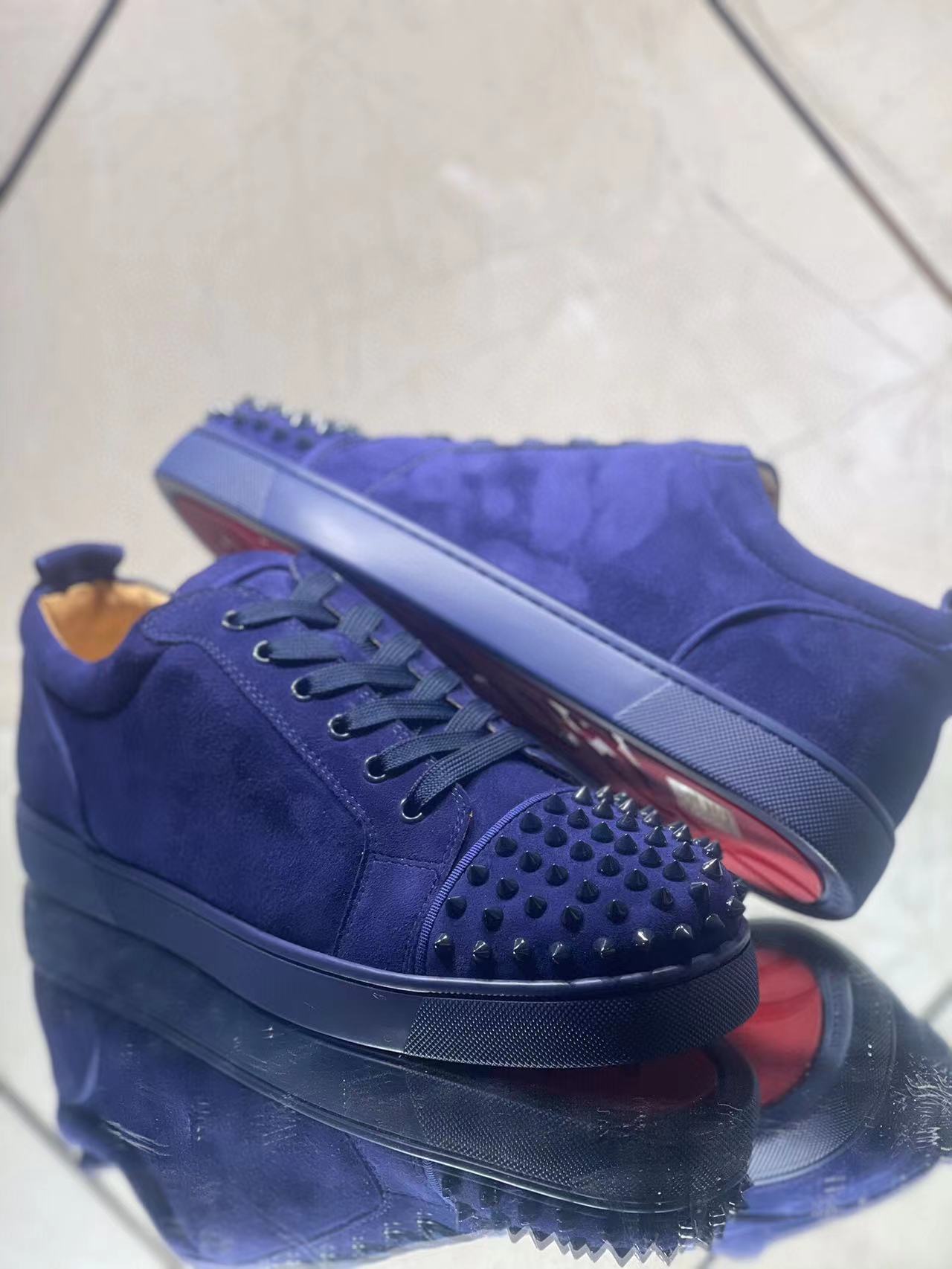 Christian Louboutin Louis Junior Spikes Flat Suede Sneakers Blue