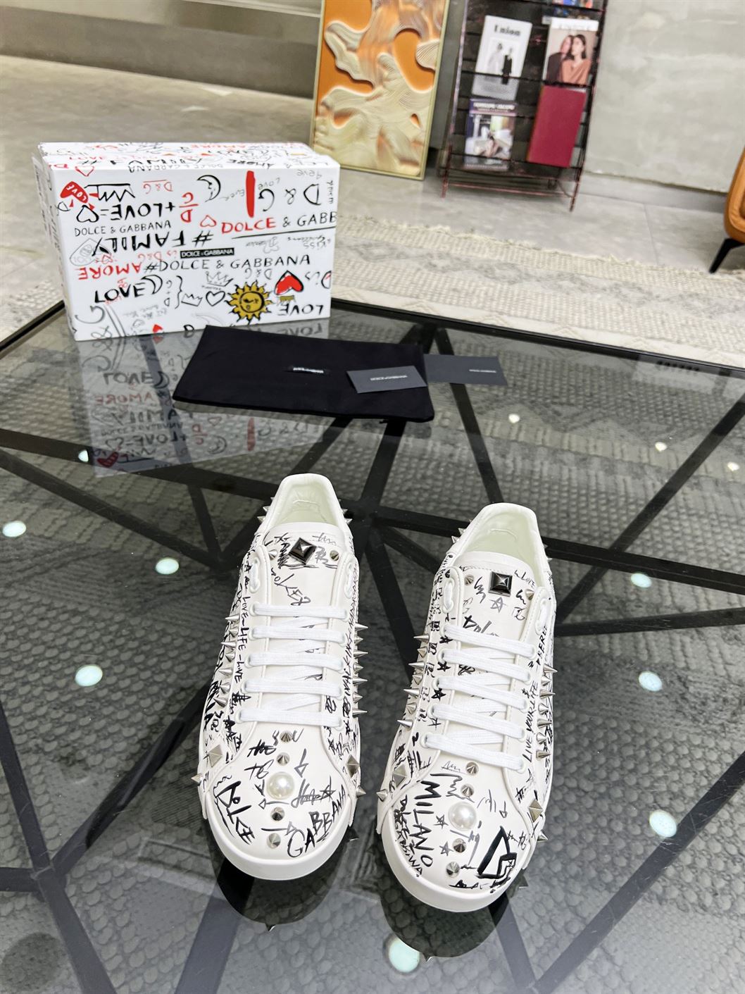 DOLCE & GABBANA CALFSKIN NAPPA PORTOFINO SNEAKERS WITH STUDS – DG019