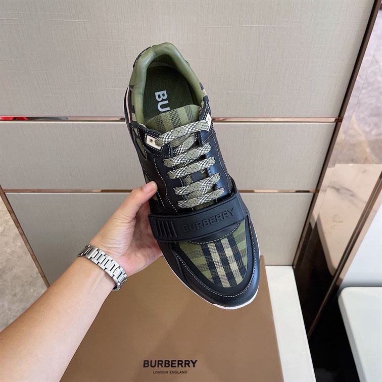 BURBERRY CHECK LACE-UP SNEAKERS IN MILITARY GREEN – BBR008