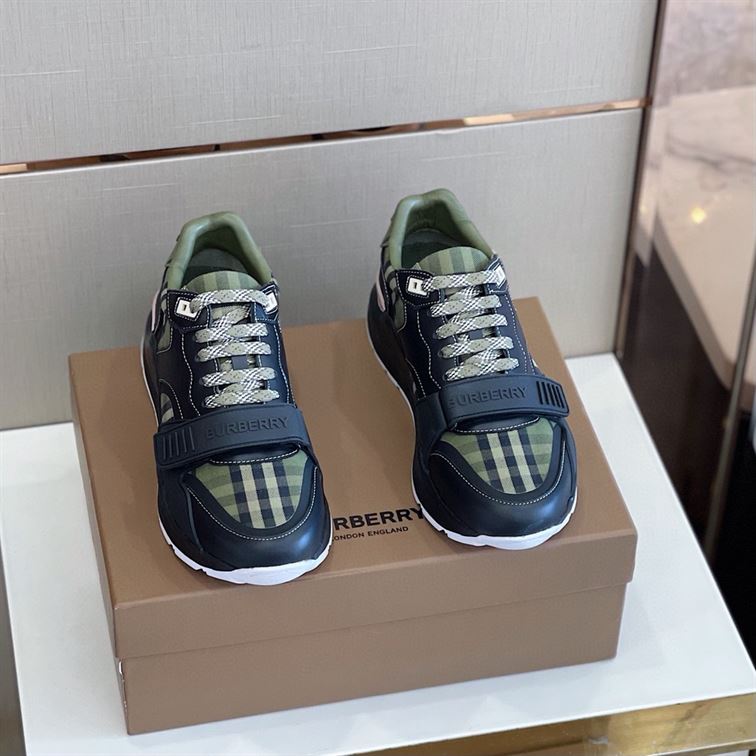 BURBERRY CHECK LACE-UP SNEAKERS IN MILITARY GREEN – BBR008