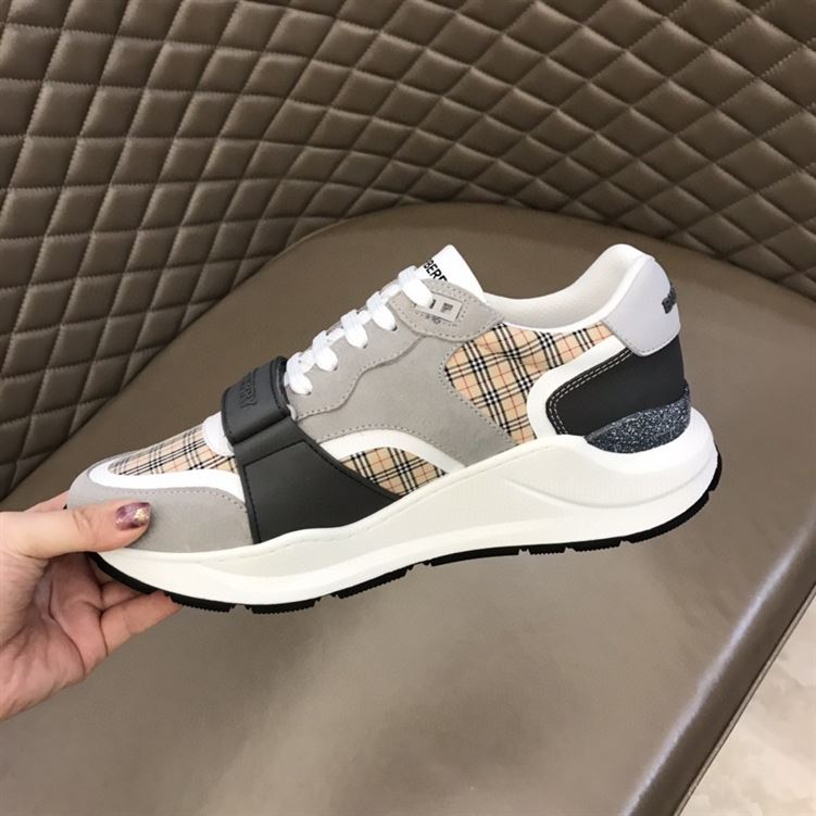 BURBERRY CHECK, SUEDE AND LEATHER SNEAKERS – BBR010