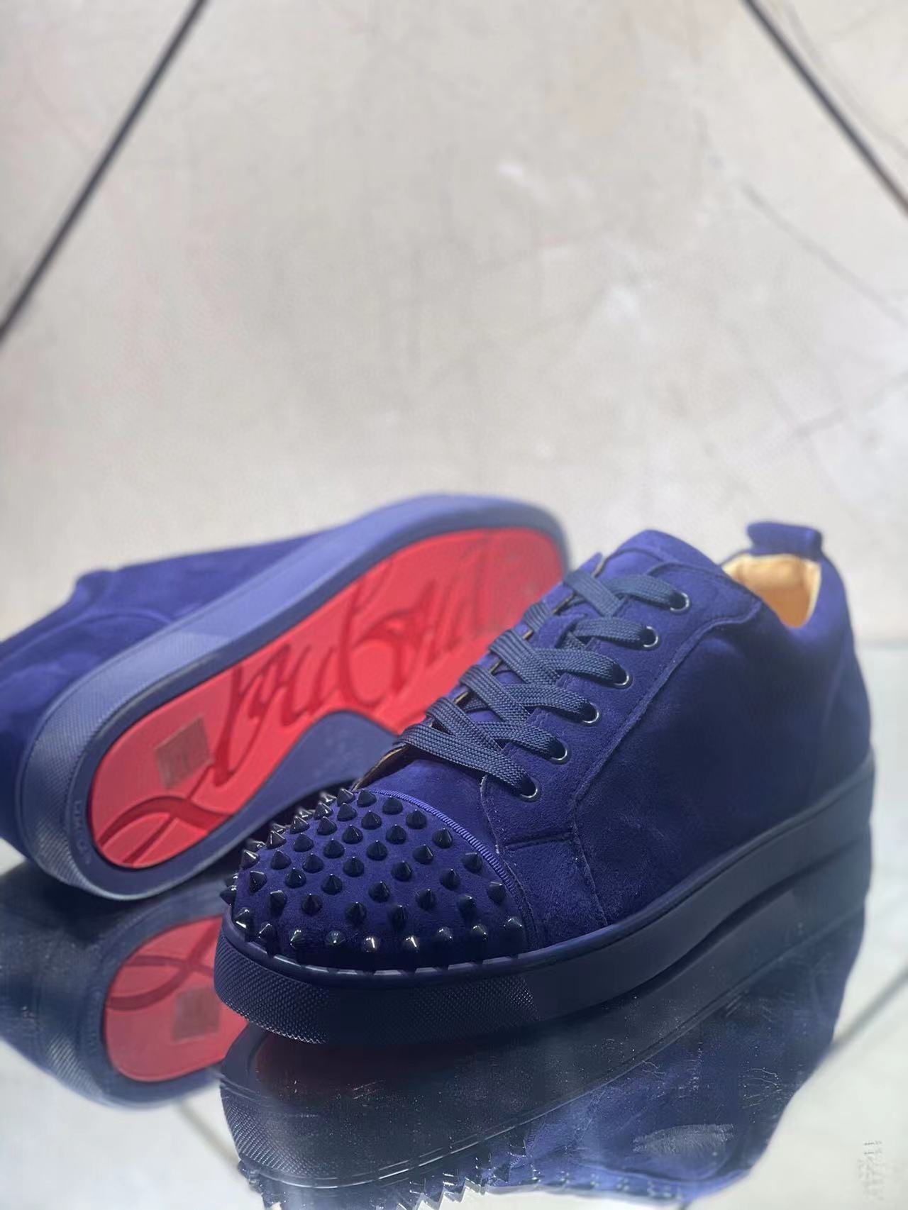 Christian Louboutin Louis Junior Spikes Flat Suede Sneakers Blue