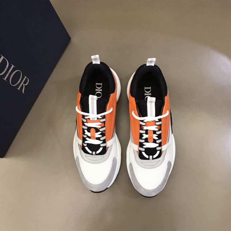 DIOR B22 SNEAKERS BLACK AND WHITE TECHNICAL MESH WITH ORANGE AND WHITE SMOOTH CALFSKIN – DO003