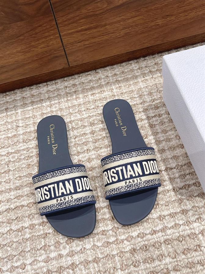DIOR DWAY SLIDE DEEP BLUE EMBROIDERED COTTON – DS020