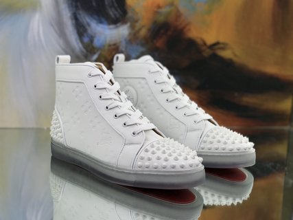 Christian Louboutin White Embossed “LoubinTheSky” Leather Lou Spikes 2 High-Top Sneakers