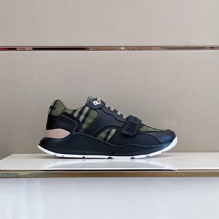 BURBERRY CHECK LACE-UP SNEAKERS IN MILITARY GREEN – BBR008