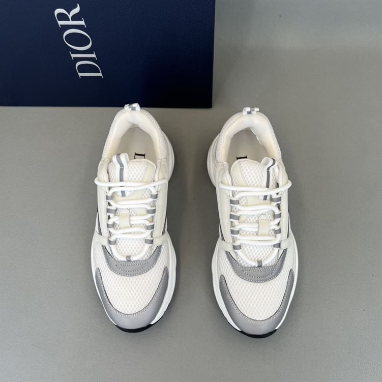 DIOR B22 SNEAKERS WHITE TECHNICAL MESH WITH WHITE AND SILVER-TONE CALFSKIN – DO002