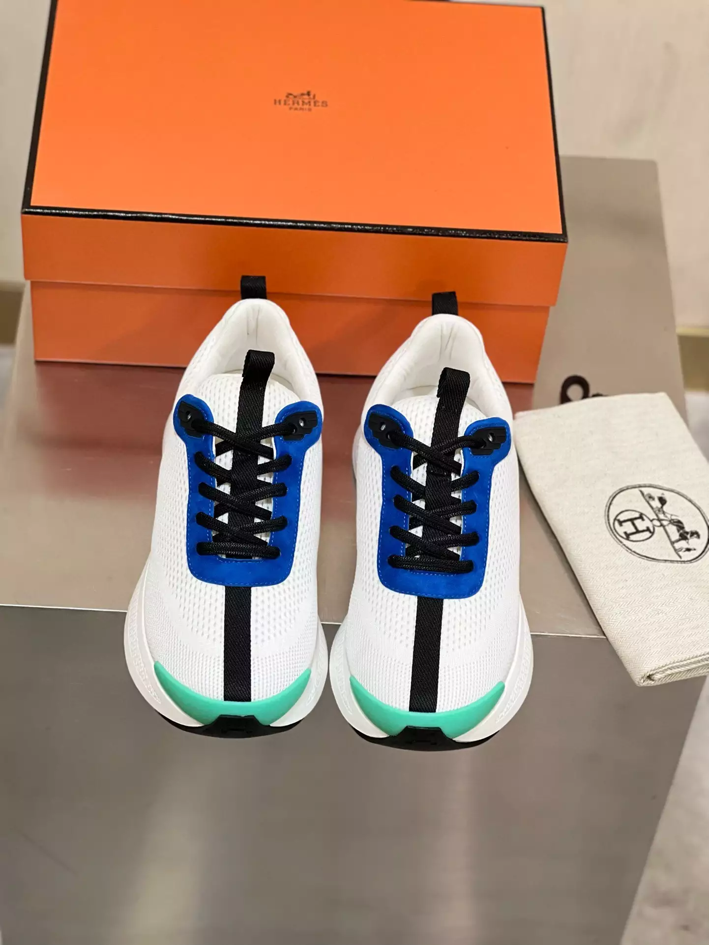 Hermes Heros Sneakers in White Knit and Blue Suede – HM004