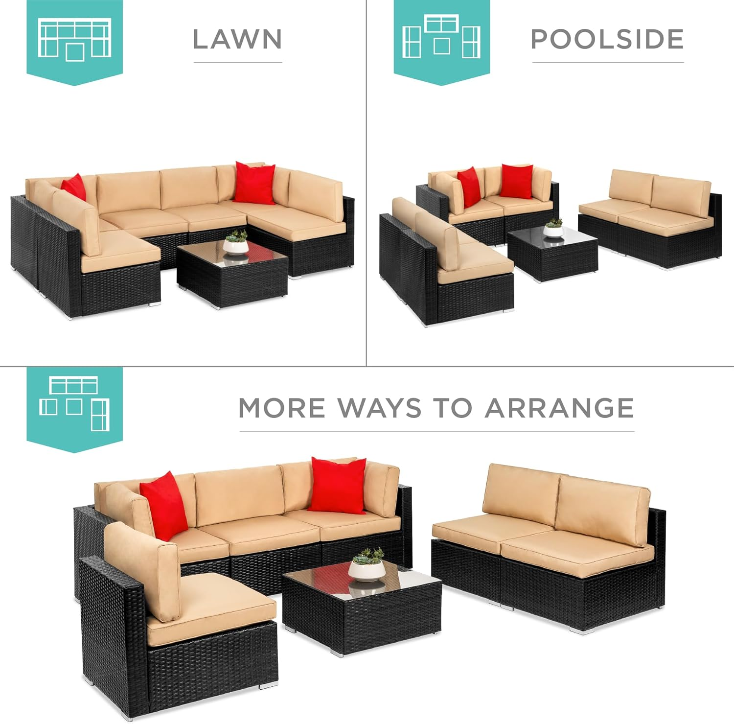 7-Piece Modular Outdoor Sectional Wicker Patio Conversation Set w/ 2 Pillows, Coffee Table