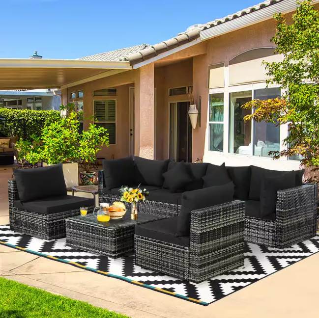 7-Piece Wicker Patio Conversation Set with Black Cushions