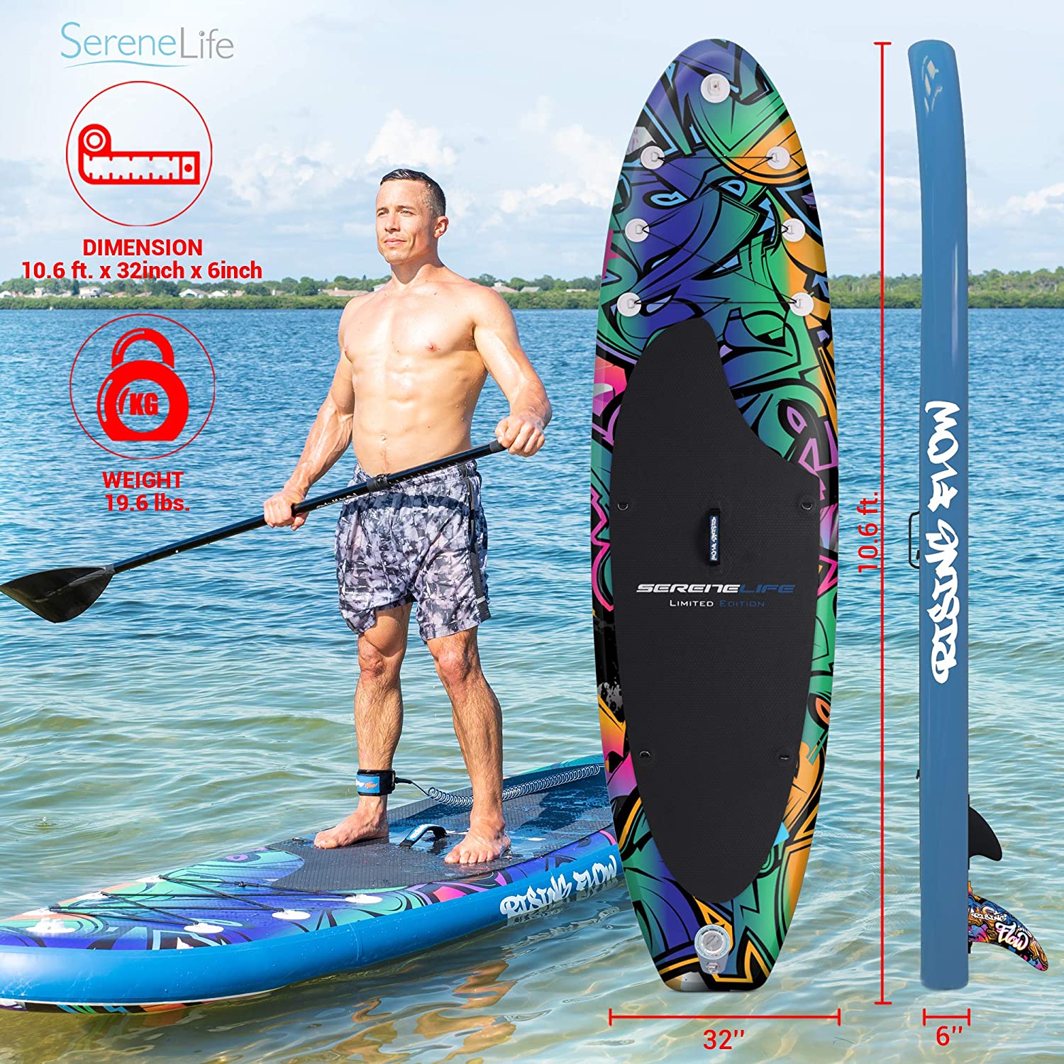 SereneLife Inflatable Stand Up Paddle Board-10Ft. Graffiti Standup SUP Paddle Board w/Oar, Air Pump, Ankle Leash, Paddleboard Repair Kit, Waterproof Mobile Phone Case, Storage/Carry Bag SLSUPB636.5