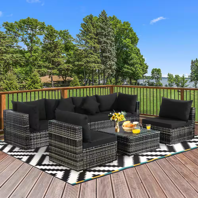 7-Piece Wicker Patio Conversation Set with Black Cushions