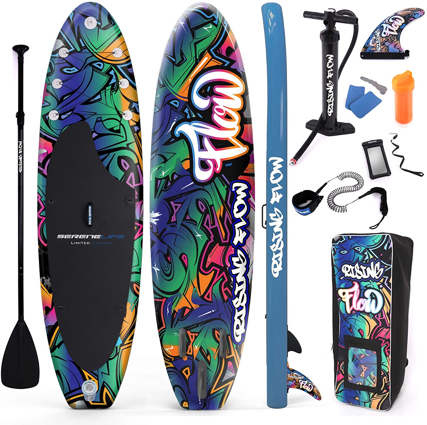 SereneLife Inflatable Stand Up Paddle Board-10Ft. Graffiti Standup SUP Paddle Board w/Oar, Air Pump, Ankle Leash, Paddleboard Repair Kit, Waterproof Mobile Phone Case, Storage/Carry Bag SLSUPB636.5