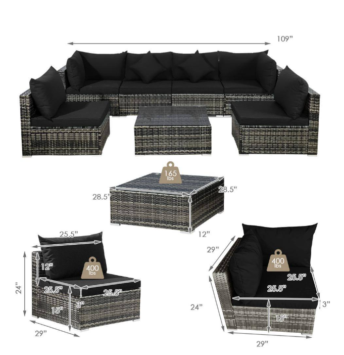 7-Piece Wicker Patio Conversation Set with Black Cushions