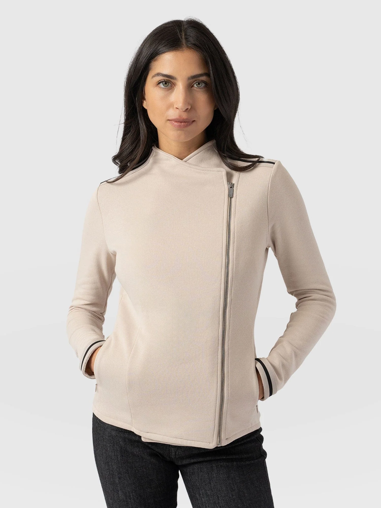 Cotton Biker Jacket-Light Beige-Black/Cream Stripe