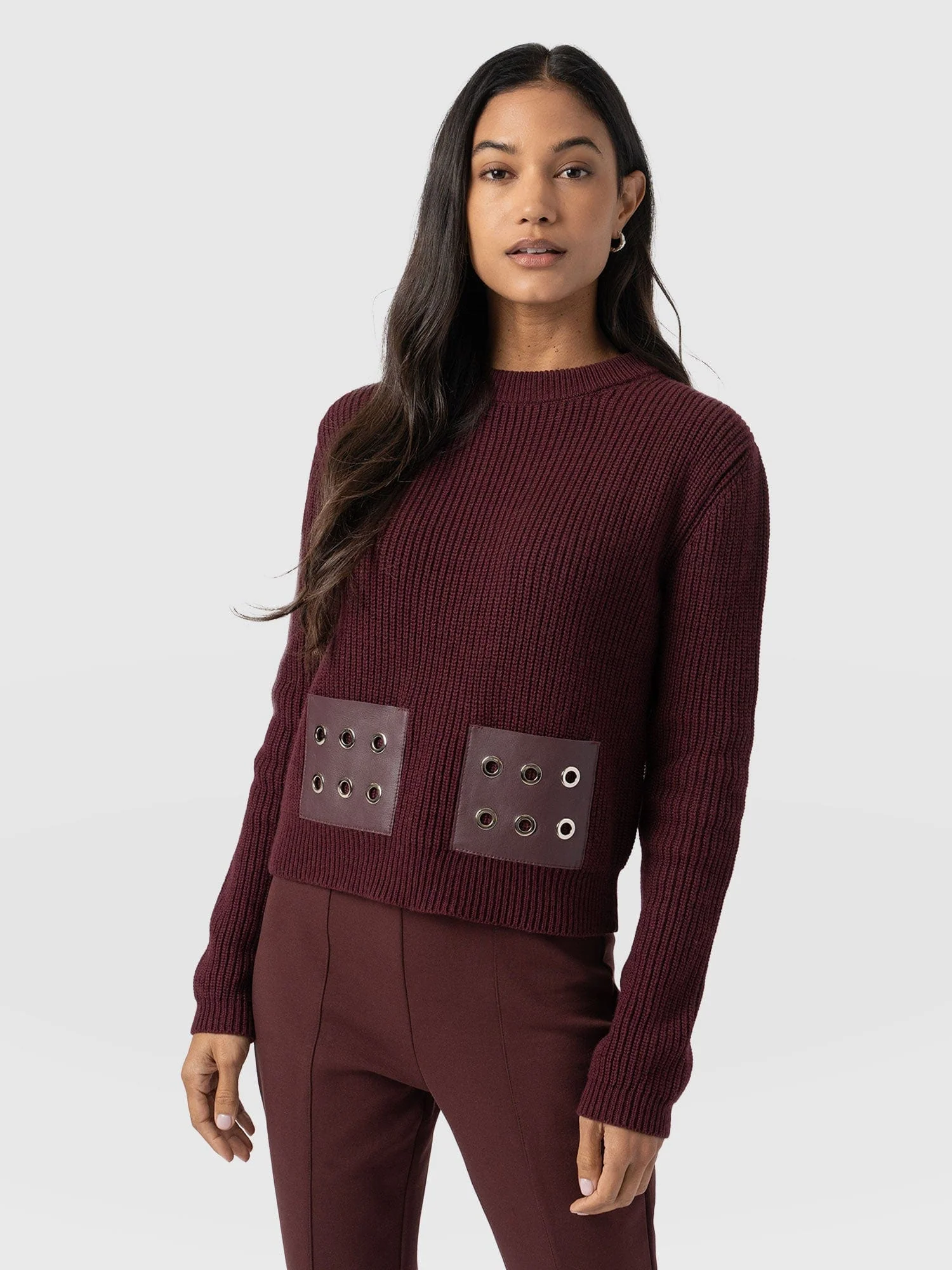Eyelet Rib Knit Sweater - Maroon