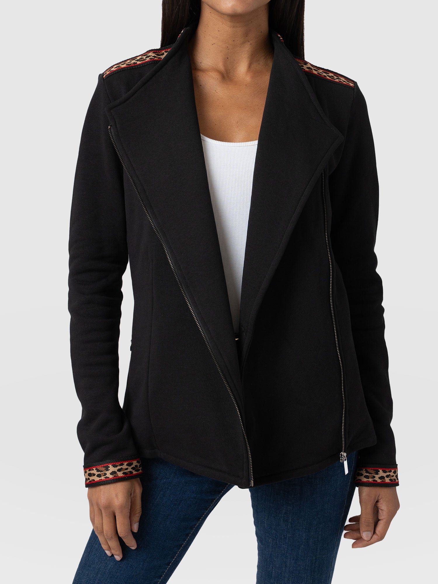 Cotton Biker Jacket - Leopard Trim