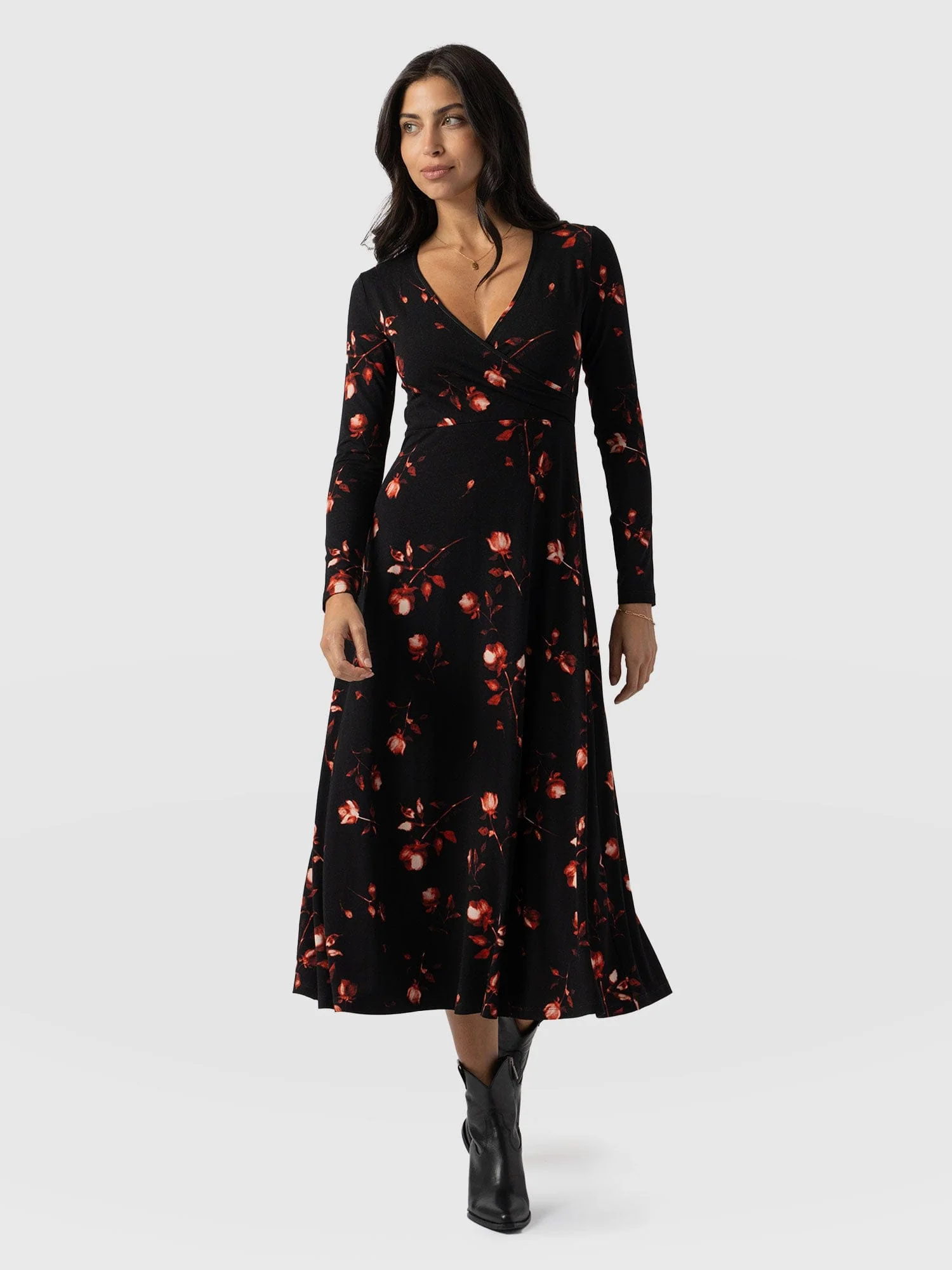 Maggie Wrap Midi Dress - Dark Roses