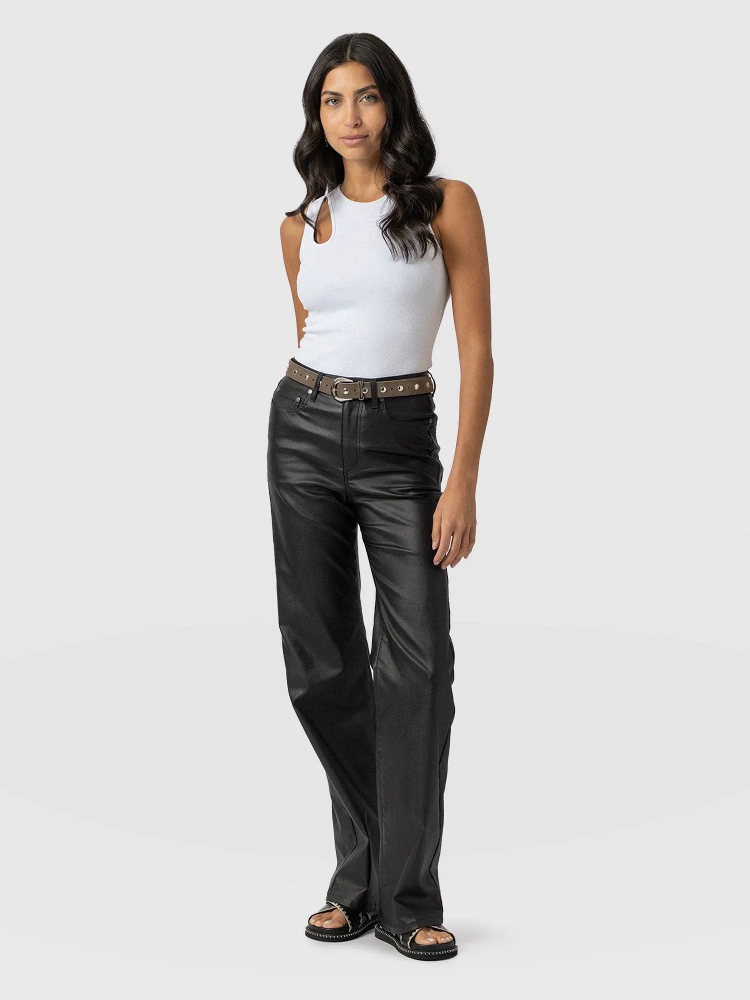 Maeve Wide Leg Pant - Black Coated