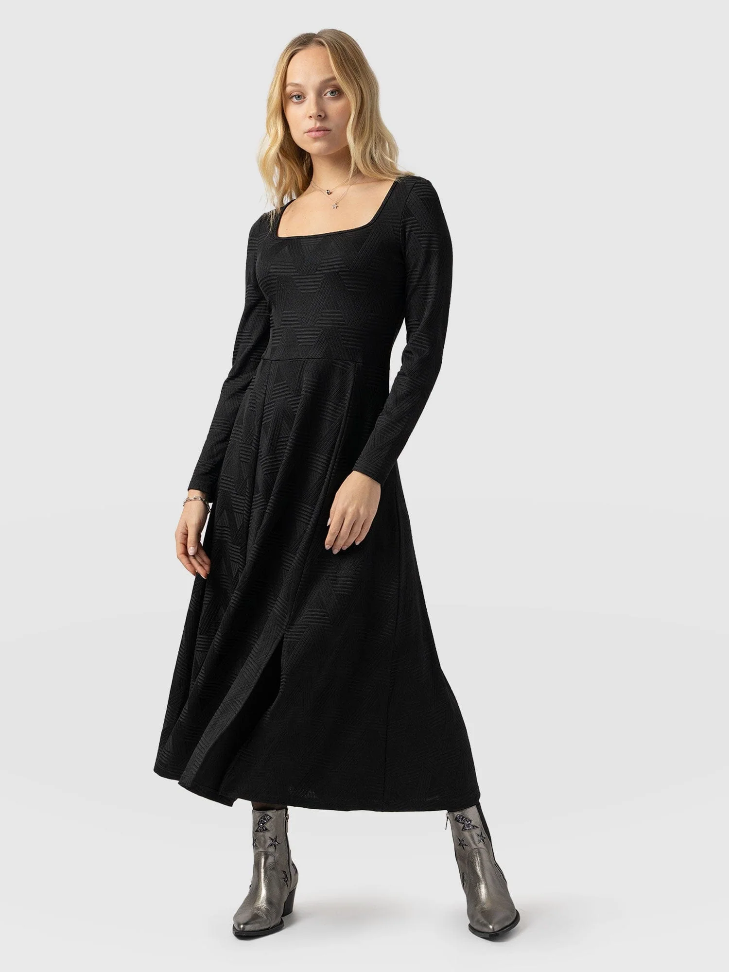 Darcey Flared Dress - Black Jacquard