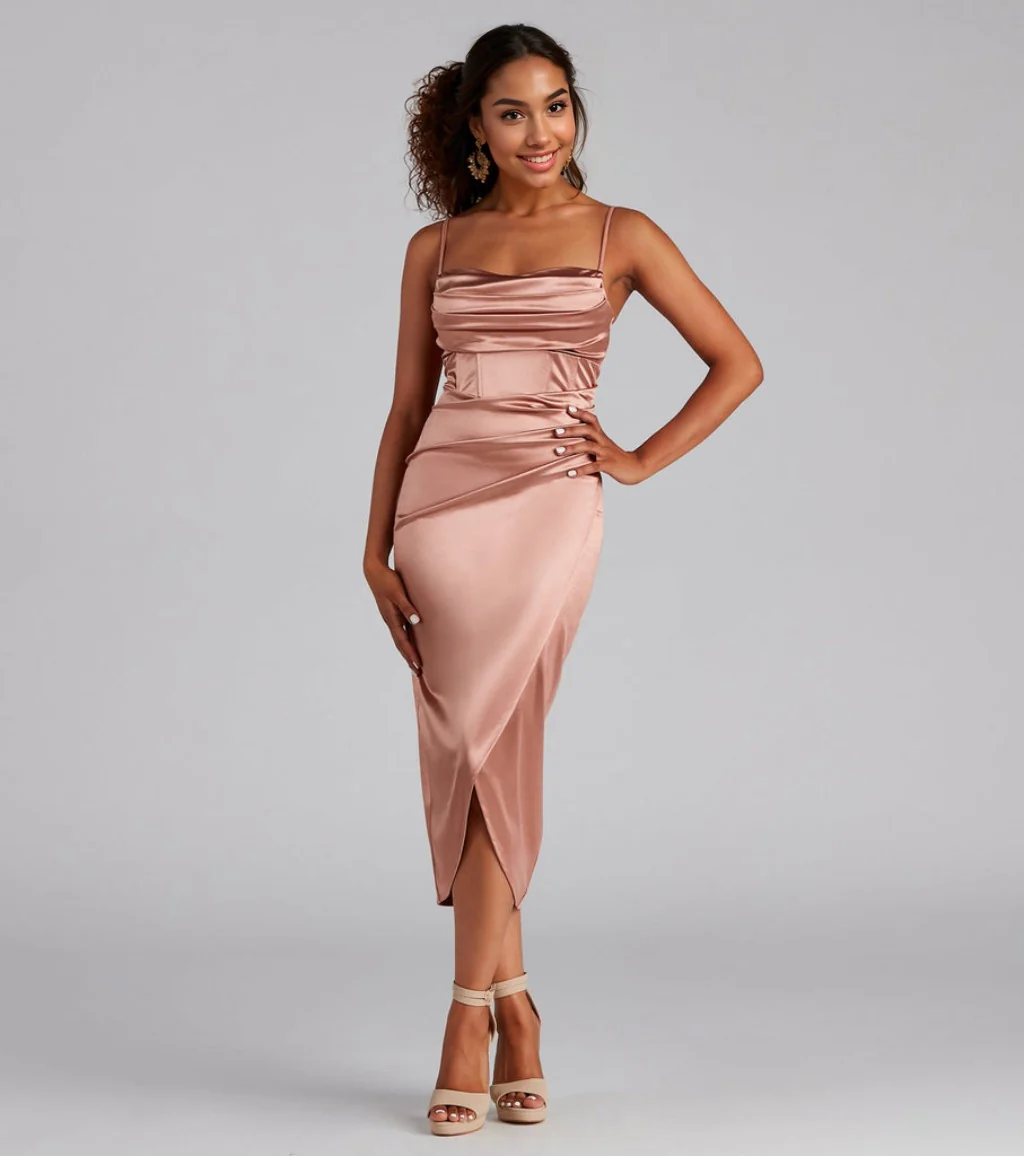 Formal Satin Wrap Midi Dress