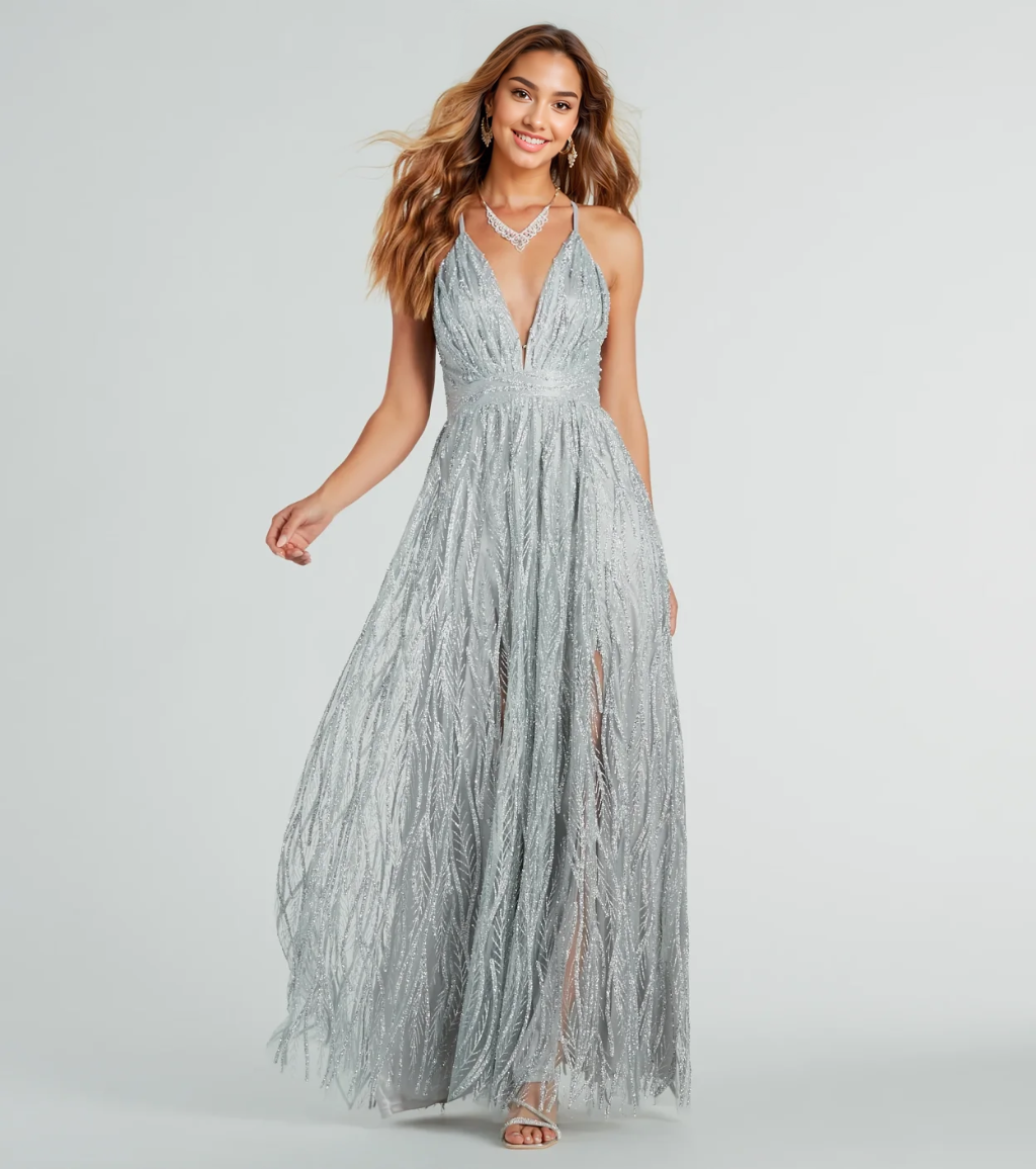 Formal Glitter Tulle A-Line Long Dress