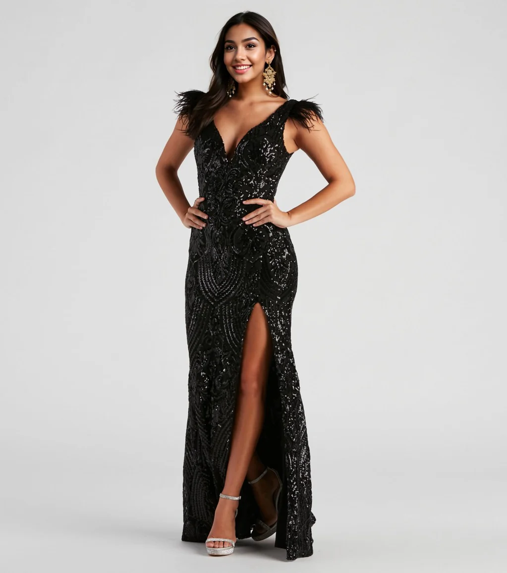 Formal Sequin Feather Long Dress