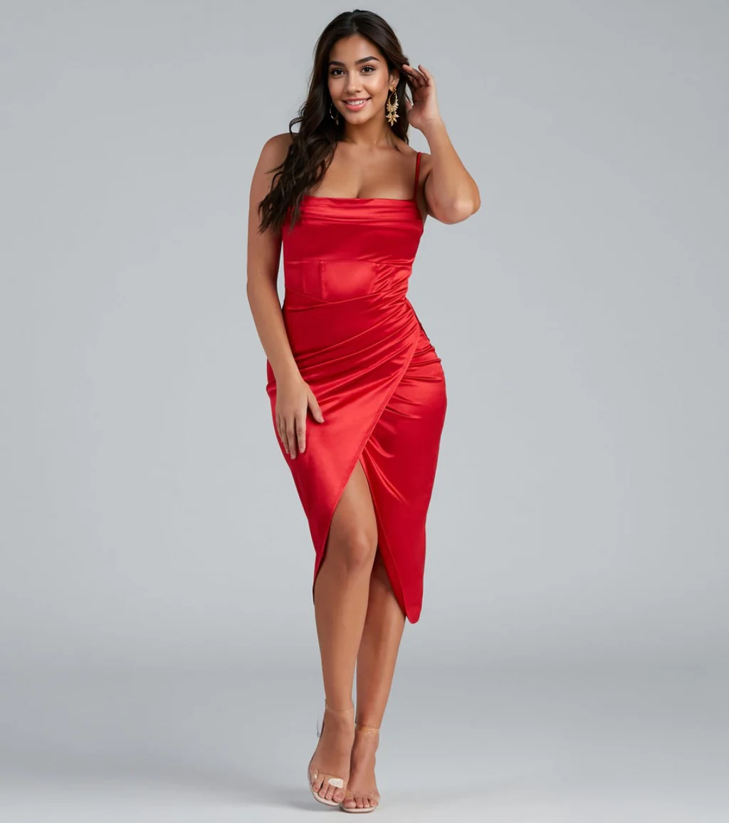 Formal Satin Wrap Midi Dress